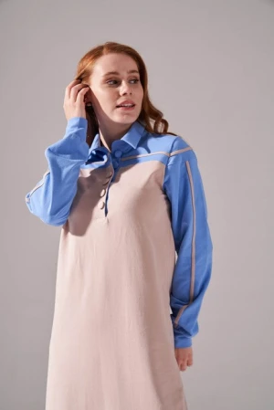 Casual Blue Long Two Yarn Polo Shirt Dress