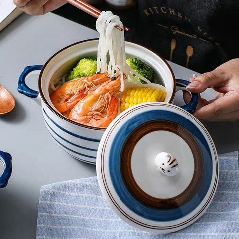 Ceramic Bowl with Lid and Handle Gift Set Noodle Salad Borscht Soup Bowl With Lid Ramen Rice Fruit Serving Bowl