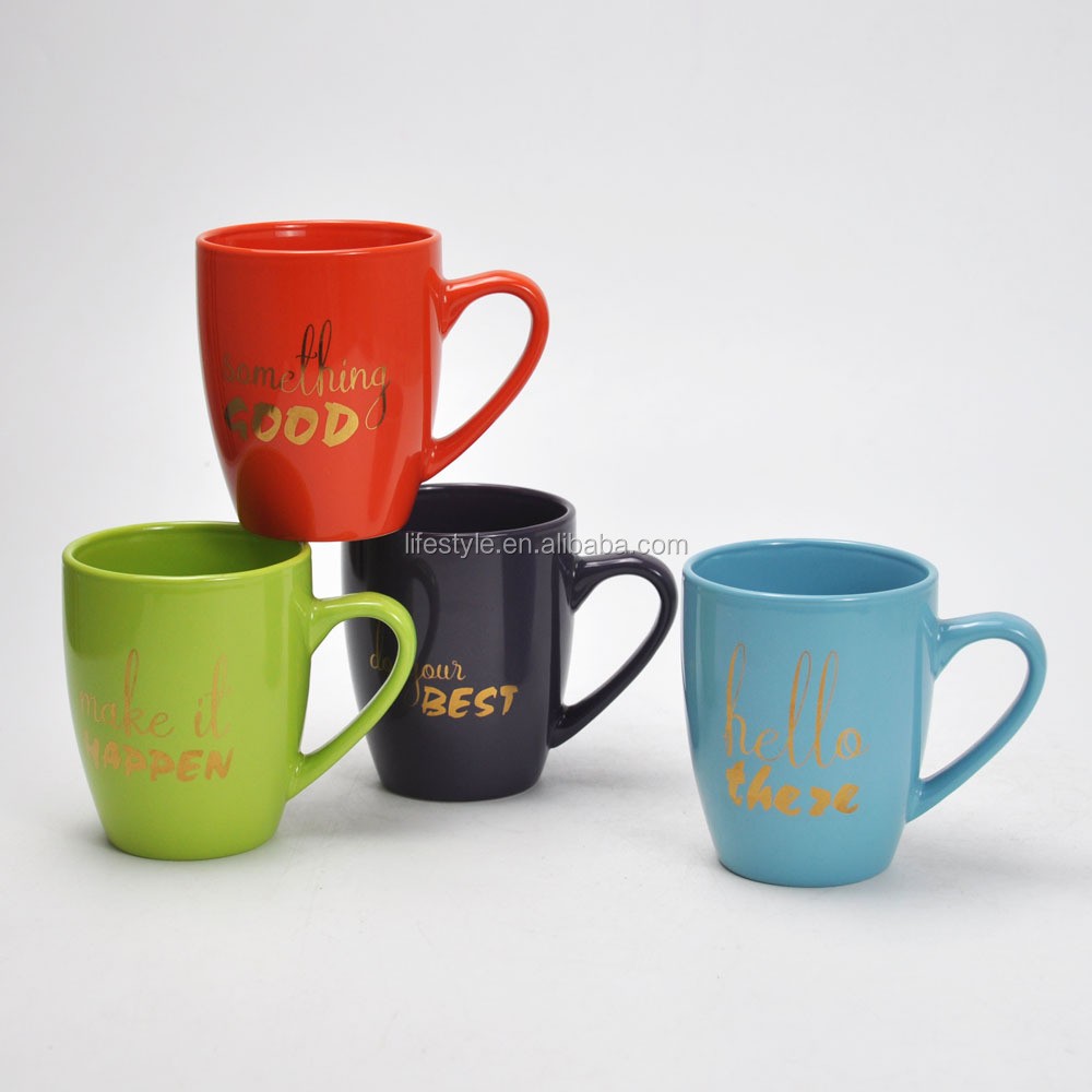 Ceramic U-shape coffee mug with gold decal,stoneware coffee cup with decal,U-shape ceramic mug cup