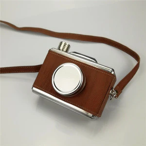 China factory supply camera shape 11 oz Stainless Steel Hip Flask with wooden leather wrapped Alcohol Liquor Whiskey