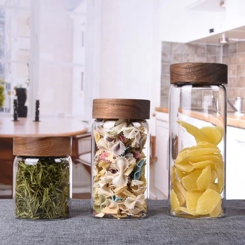 Clear Food Grade Storage Airtight Kitchen Borosilicate Custom Mason Spice Tea Glass Jar With Acacia Lid