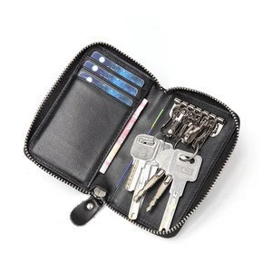 Black Leather Trifold Key Holder Wallet With Zipper Change Pouch