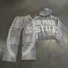 Custom Acid Washed Stripe Embroidery Patchwork Zip Up Distressed Vintage Wash Sun Faded Hoodies Flared Sweatpants And Hoodie Set