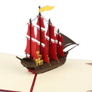 Custom DIY Pop Up Red Pirate Ship Sailboat 3D Hologram Wooden Crafts