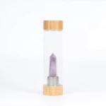 Custom Logo Glass Energy Drink Bottle Gemstone Infused Crystal Water Bottle with Bamboo Lid