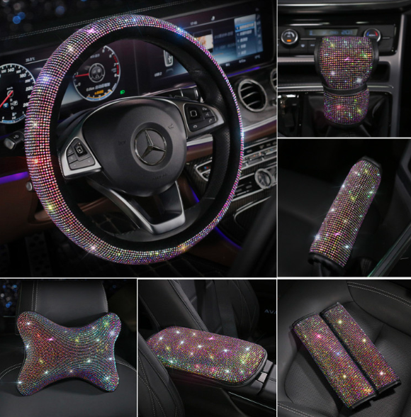 Cute Bling Car Accessories Decor Set Shining Rhinestone Diamond Safety Car Crystal Seat Belt Handbrake Steering Wheel Cover