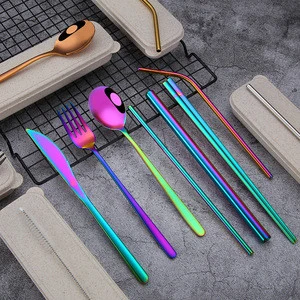 Cutlery flatware set stainless steel 9 pcs knife spoon fork chopsticks straws set