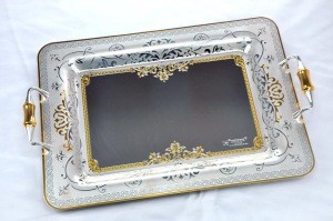 Etching Stainless Steel with 24K real gold Metal Serving Tray Arabic style designed in Italy