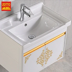 Factory wholesale gold pattern white aluminum mirror wall hung vanity home bathroom furniture laundry sink cabinet combo