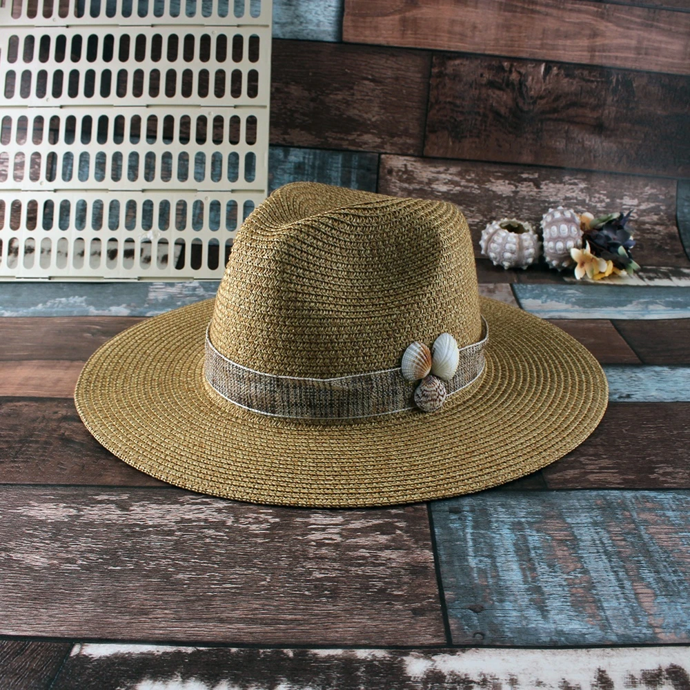 fashion belt panama hat decorated shell outdoor sun protection paper braid straw fedora hat wide brim
