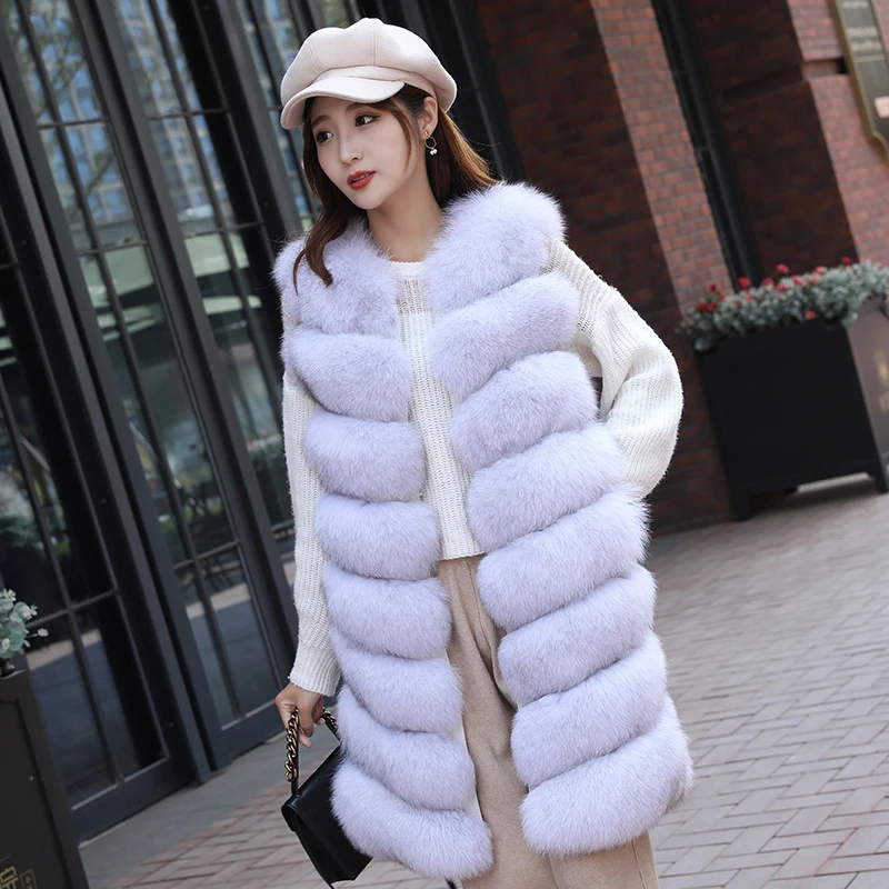 fashion warm fluffy full furry winter colorful real fox fur women coat V-neck ladies Waistcoat