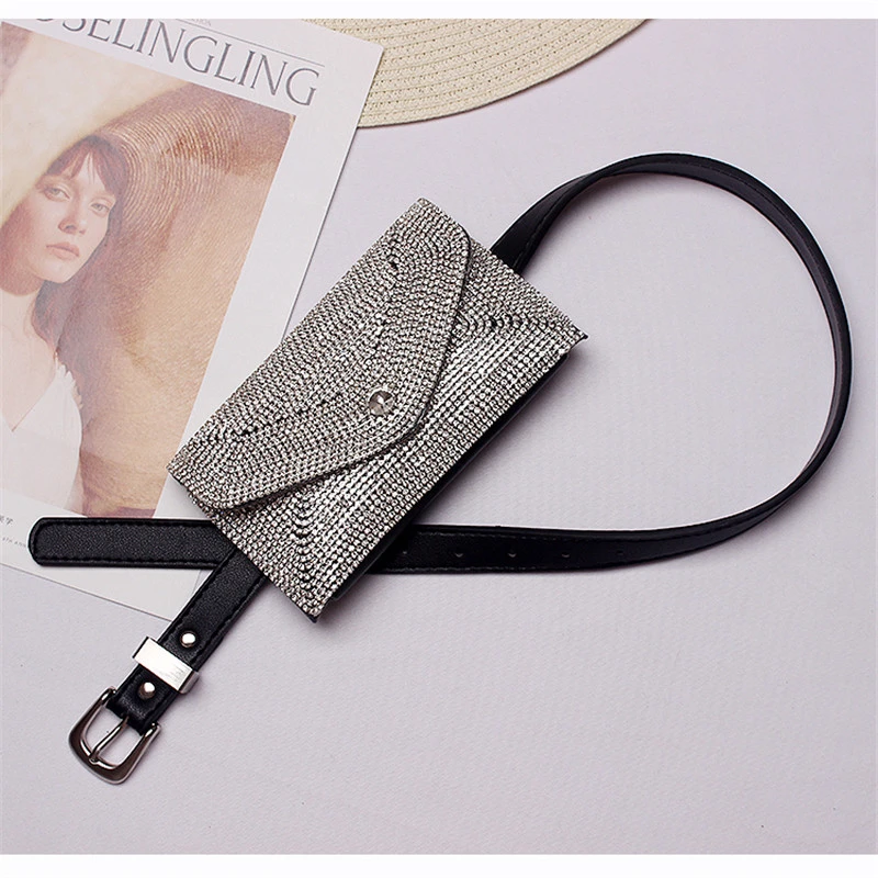 Female Leather Belt Bag Hand-free Bags Diamonds Waist Packs Detachable Belt Luxury Fanny Pack