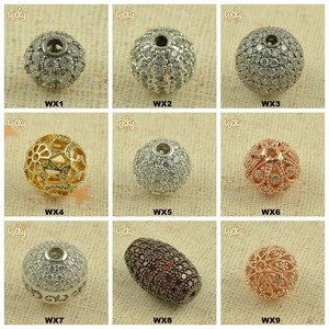 Gold accessories zircon pave brass metal beads for jewelry making, all types of loose beads with round large hole in bulk