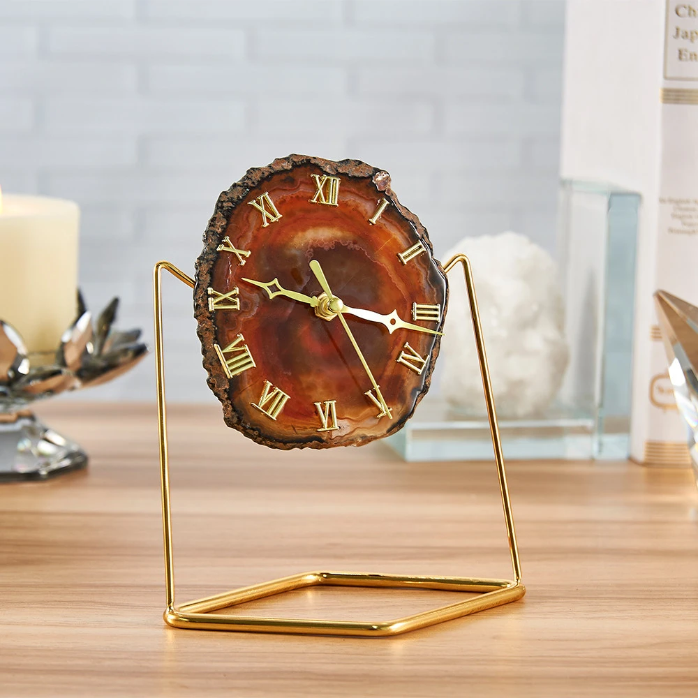 Gold Plated Rim Natural Crystal Red Agate Table Stone Slices Desk Clock  Wholesale