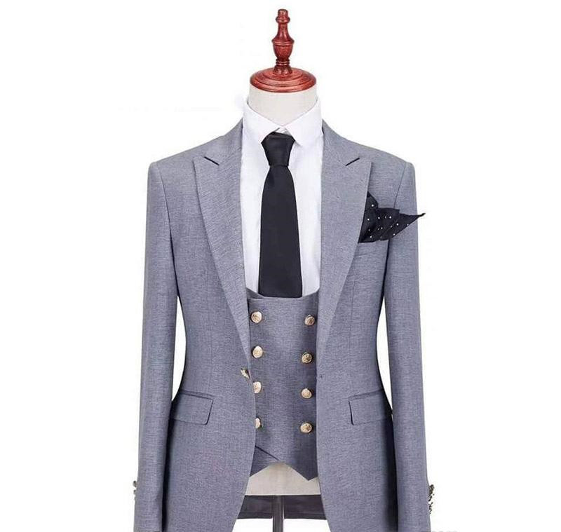 Grey Men Suits for Wedding Groom Tuxedos Peaked Lapel Custom Made Groomsmen Blazers 3 Pieces Jacket Pants Vest Evening Party