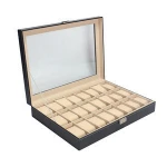 Handmade luxury custom logo display window watch with lock  MDF glass black storage leather velvet 24 slot wooden watch box case