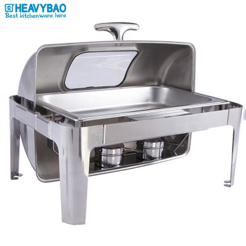 Heavybao High Quality Stainless Steel  Hotel Buffet Food Warmer Oblong Round Roll Top Chafer With Show Window