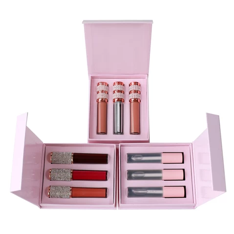 High Glitter Waterproof Shiny Lip Gloss Private Label Cosmetics 3 in 1 Makeup Lip Kits Box Matte Lipstick Set Private Label