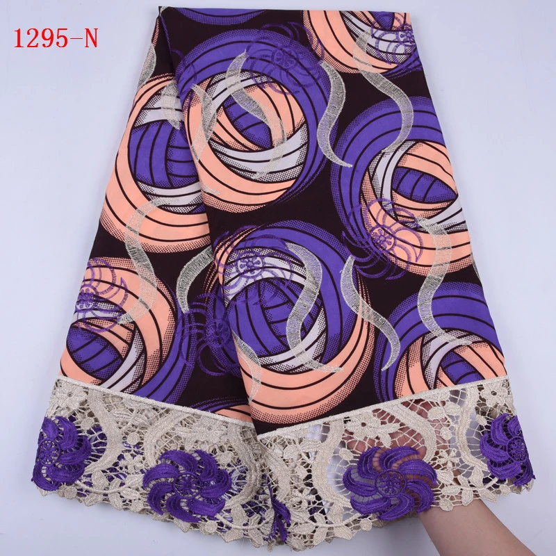 High Quality Ankara Print Embroidered Wax Lace Hot Sale African Ankara Fabric With Stones Embroidery Chemical Wax Fabric 1295-N
