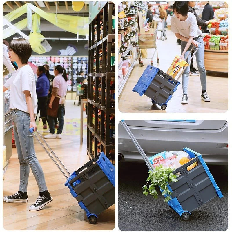 Home Foldable Plastic Food Carts Folding Hand Push Grocery Shopping Trolley Cart