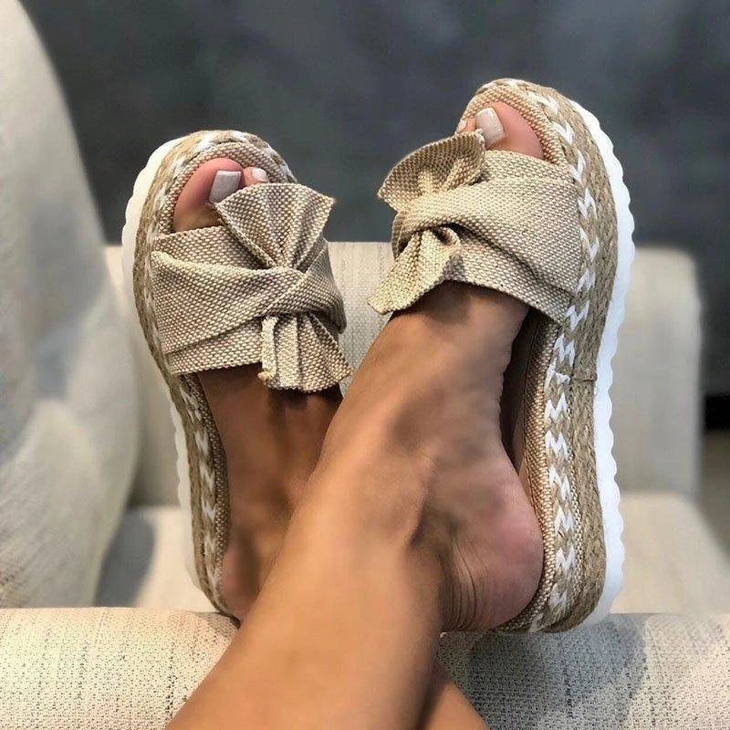 Hot sale  wedges sandals trend non-slip thick bottom slope with womens hemp rope bow slip-on slippers