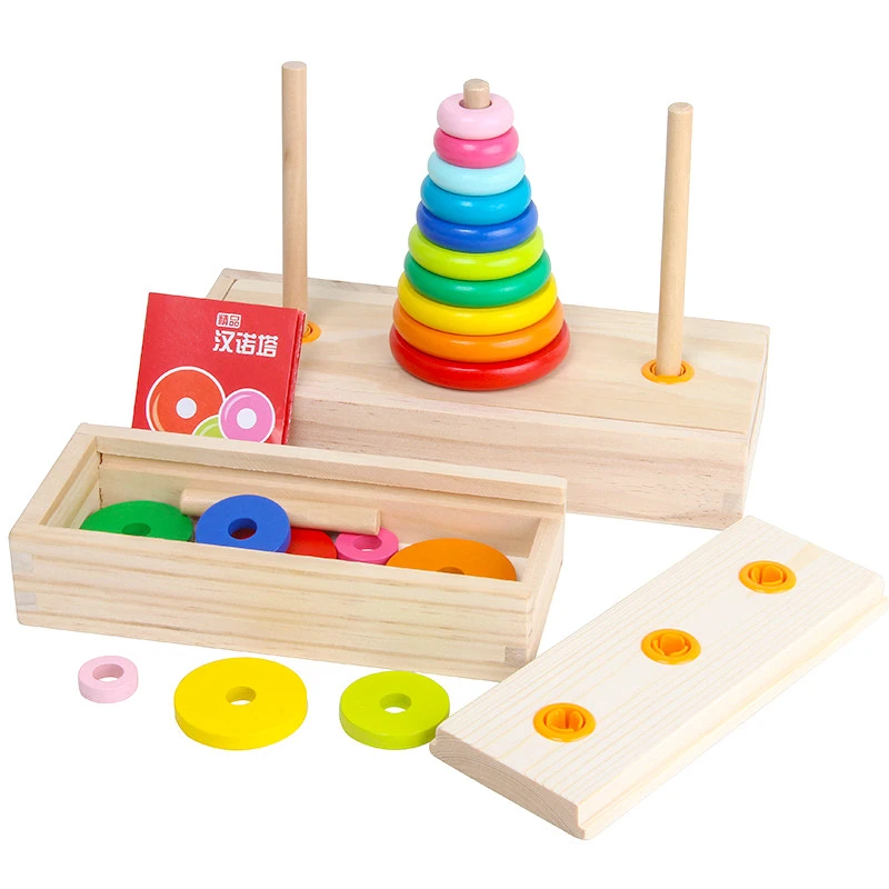 Hot Selling 10-layer Wooden Rainbow Tower of Hanoi Game Toys New Style Kids Early Intelligence Development Educational Toys