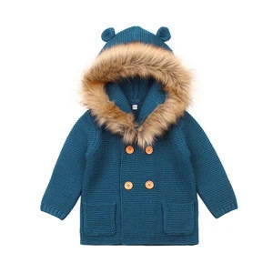 Ins hot sale wool knitted removable Fur collar kids outfit soft baby winter coat