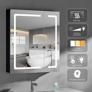 LED Lighted Medicine Cabinet with Lights 30 X 32 Double Doors Bathroom Mirror with Storage 3 Side Mirrored Surface Mounted Defogger Dimming Adjustable Color A91