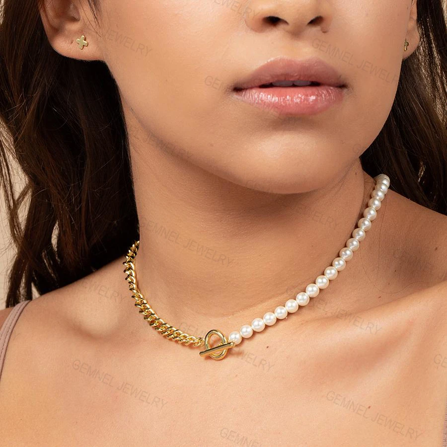 luxury women Brass gold plated cuban chain link pearl choker necklace