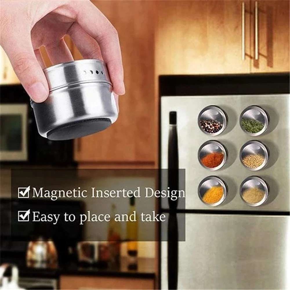 Magnetic Spice Tools Tins Stainless Steel Condiment Bottles Storage Container Jars Clear Lid Refrigerator Stickers