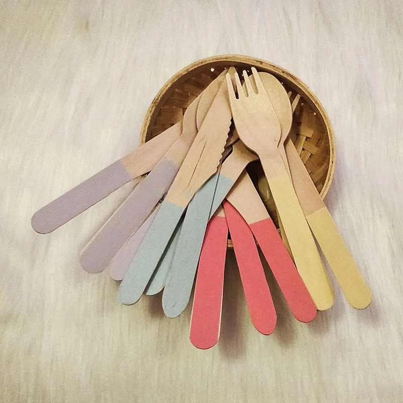 Maochun Wedding Party Supplies Tableware Macaron Color Spoon Fork Knife Set, Eco Friendly Disposable Wood Fork Knife Spoon