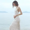 MaxNegio Lady Fashion White Maxi Length Tunic Dress Women Bodycon Party Backless Halter Elegant Lace Bridesmaid Dress