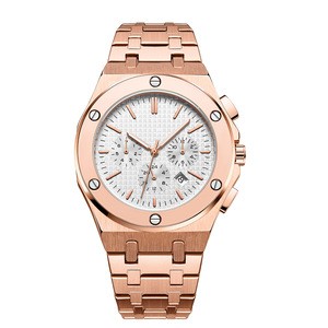 Men&#39;s Rose Gold Chronograph Automatic Watches 47mm Brushed Solid Stainless Steel band Butterfly Buckle Wrist Watch Mechanical