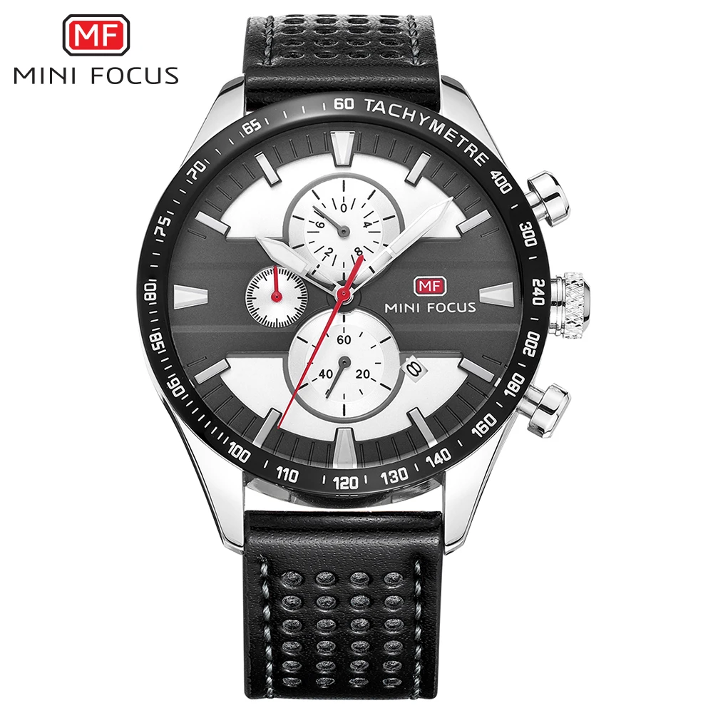 MINI FOCUS MF0002GNew Fashion Big Dial Calendar Chronograph Analog Men Business Watches Luxury Leather Strap Dual Display