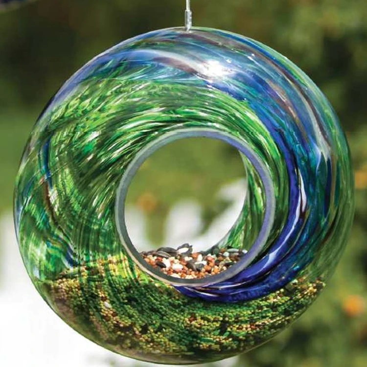 Multi Color Flowers Hanging Outdoor Fly Through Wild Bird Feeder Glass Speckle Swirl Circle Feeder