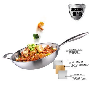 Multi-ply Clad Stainless Steel Wok Pan with long handle - 13 inch Stir Fry Pan with Dome lid