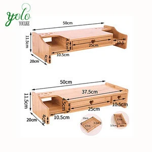 Multifunction Computer Monitor Stand Bamboo Wood Laptop Desk Organizer Tray Caddy Drawer With Storage Accessory