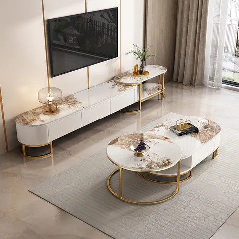 New Designed Gold Stainless Steel Coffee Table And TV Stand With Storage Marble Top Extendable Living Room Furniture Set