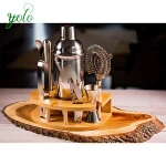 New Style 8 Piece Stainless Steel Bartender Kitchen Accessories Cocktail Bar Tool Set With Curved Bamboo Base