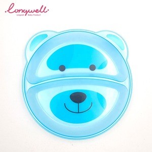 Ningbo Longwell OEM Logo Printed Hot Transfer Dishware BPA Free Dish Plate Animal Blue Plastic Cute Bear Baby Plate Customised