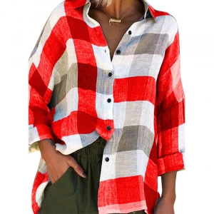 Oversized Design Turn Down Collar Plaid Blouse Women Casual Linen Shirts