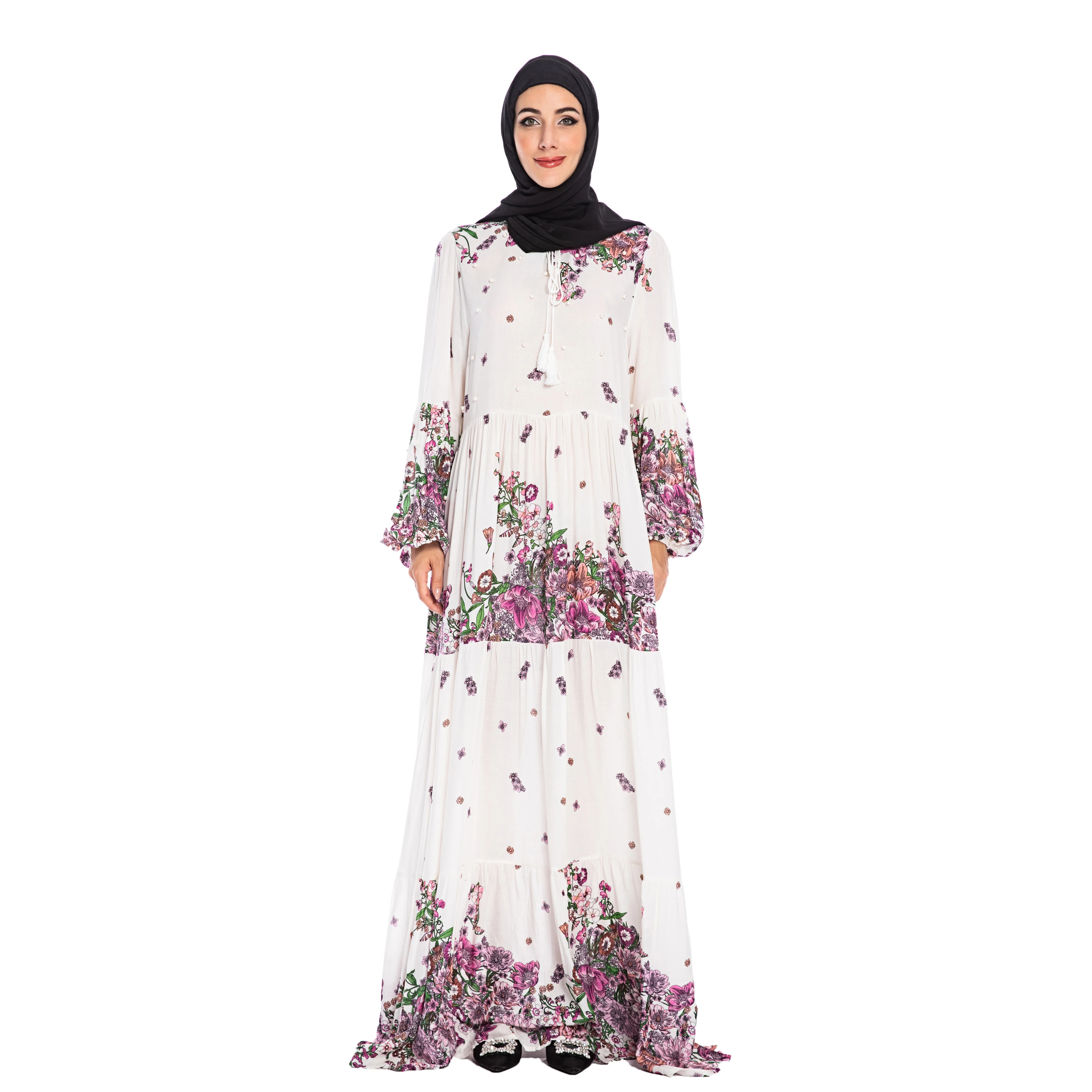 PE6118# Fashionable Muslim Women Plus Size Long Sleeve Maxi Dresses Islamic Clothing Abaya With Flower Modest White Dress