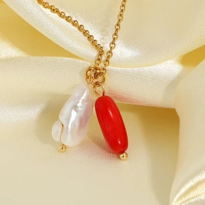 Pearl Necklace European Women 18K Gold Plated Red Coral Necklace Stainless Steel Freshwater Pearl Pendant Necklace