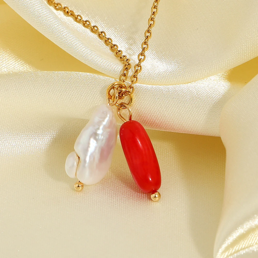 Pearl Necklace European Women 18K Gold Plated Red Coral Necklace Stainless Steel Freshwater Pearl Pendant Necklace