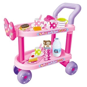 PP PS Plastic Pretend Play Food Cart Kitchen Toy Sets Bow Sweet Dessert Trolley Toy With Led Light And Music For Girls Kids
