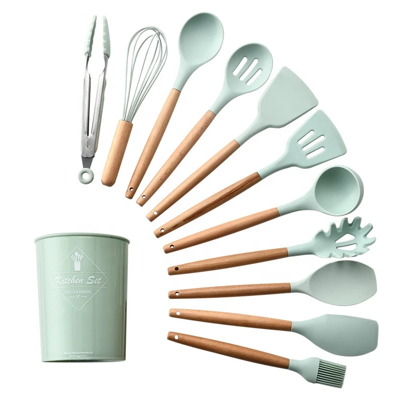 Provide Silicone Cooking Utensils Set Non-stick Spatula Shovel Wooden Handle Cooking Tools Set With Storage Box Kitchen Tools