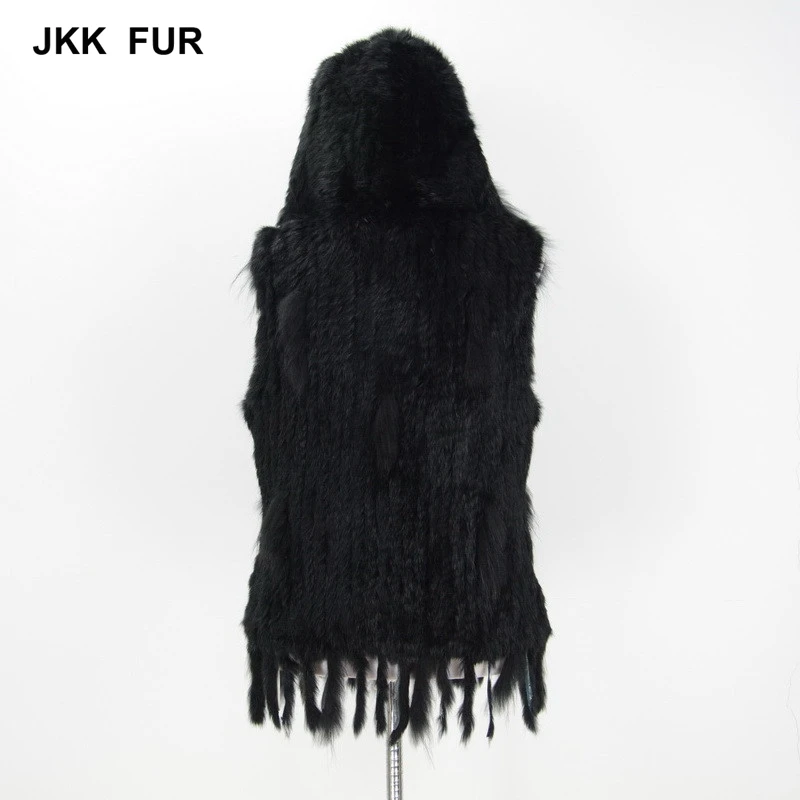 Real Rabbit Fur Knitted Vest With Hooded Real Raccoon Fur Collar Winter Warm Women Gilet