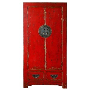 Rustic antique finish Chinese reproduction furniture classical customized furniture wardrobe China traditional  red wardrobe