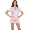 Silk Pajamas Set Pink Shirt and Shorts Set Custom Sleep wear Sets 1043