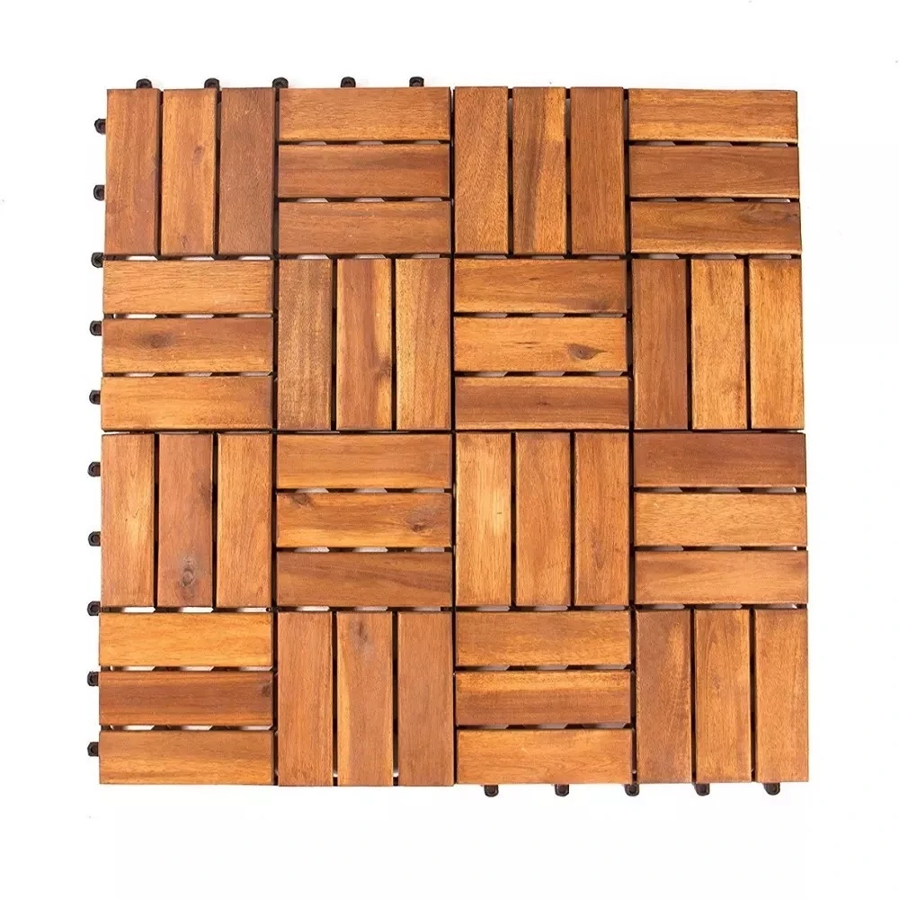 Solid Acacia Wood Oiled Finish Interlocking Deck Tiles, Water Resistant Outdoor Patio Pavers or Composite Decking Flooring